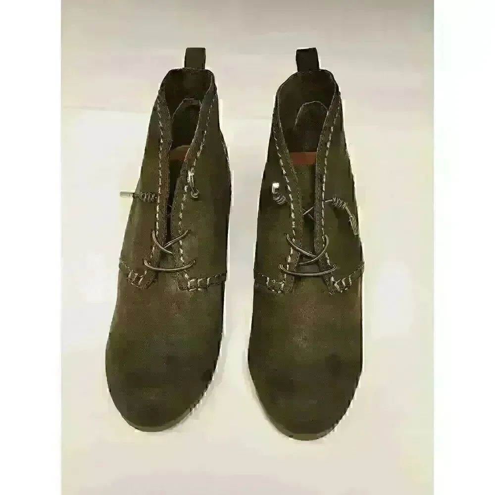 Cloudwalkers Olive Green Ankle Boots Sz 9M Lace Up Wedge Floral Embroidery